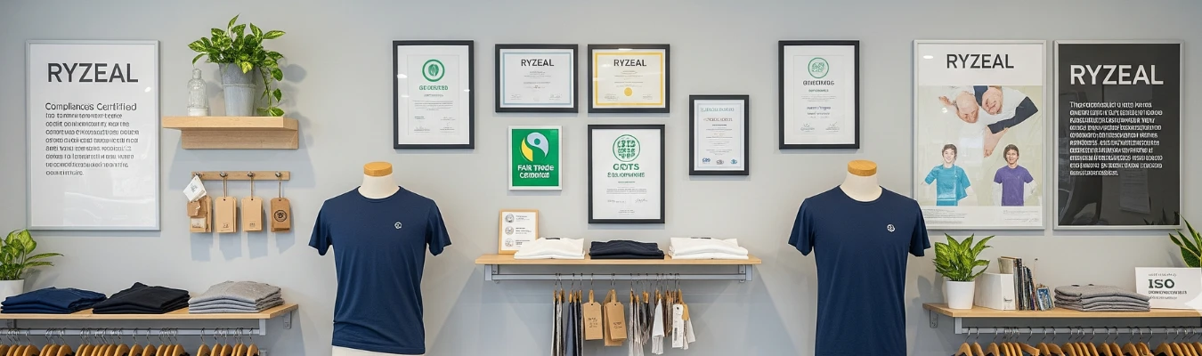 RYZEAL showroom display with T-shirts, eco-certifications, and compliance certificates highlighting ethical garment production standards in Bangladesh.