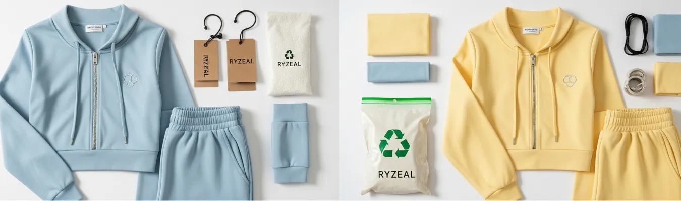 High-quality women’s tracksuits with RYZEAL branding and eco-friendly packaging.