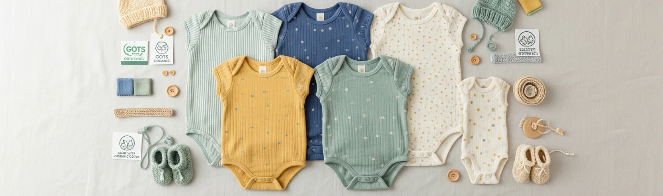 Organic cotton baby rompers in assorted pastel colors displayed with eco-certification labels, wooden buttons, and knitted accessories, highlighting sustainable and ethical production by a wholesale children’s rompers supplier.