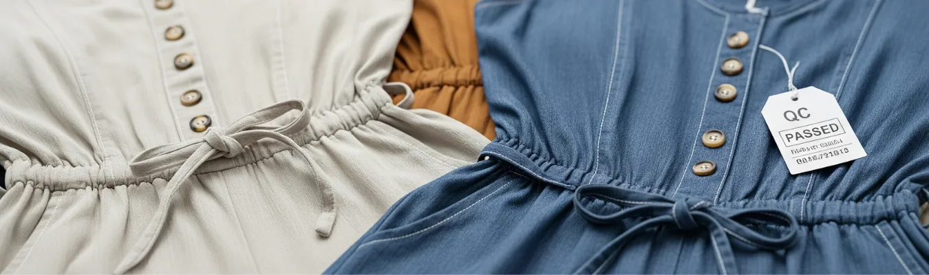 Close-up of women’s rompers with button details and waist ties, featuring a quality control passed tag.