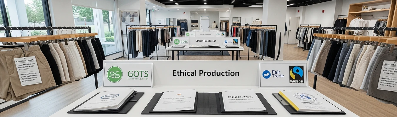 Wholesale women’s shorts showroom with ethical production certifications including GOTS, OEKO-TEX, and Fair Trade, representing RYZEAL as an apparel manufacturing and sourcing company in Bangladesh.