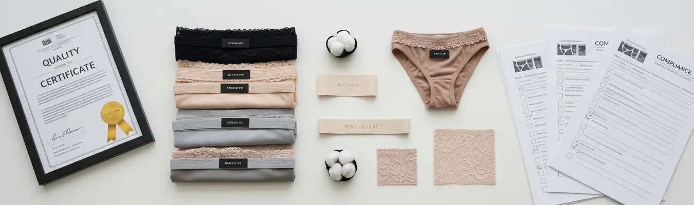 Women’s panties with fabric samples, cotton, quality certificate and compliance documents, representing RYZEAL’s ethical production in Women’s Panties Wholesale from Bangladesh