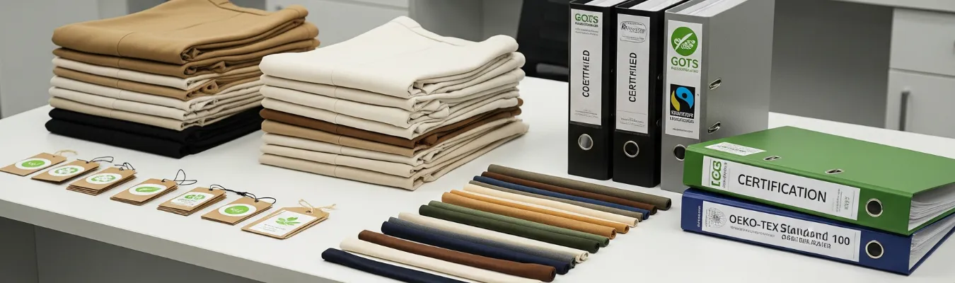 Stacked women’s trousers with fabric swatches, eco-friendly tags, and international certification binders, representing RYZEAL SOURCING’s commitment to quality control, compliance, and ethical production.
