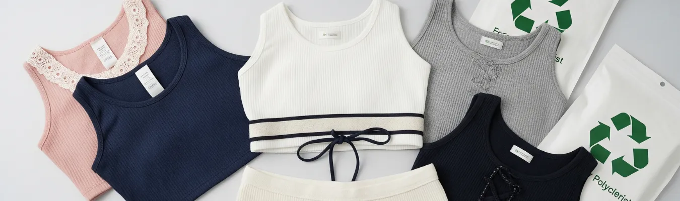 Assorted women's crop tops displayed flat with eco-friendly packaging symbolizing sustainable sourcing and compliance.