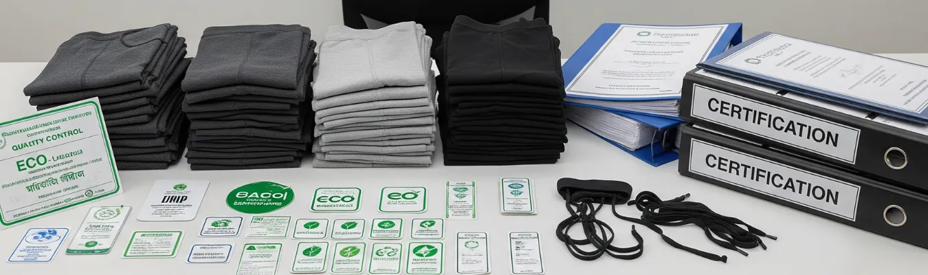 Stacked leggings with eco-certifications, quality control labels, and compliance binders showing RYZEAL SOURCING’s ethical production as a women’s wholesale leggings supplier.