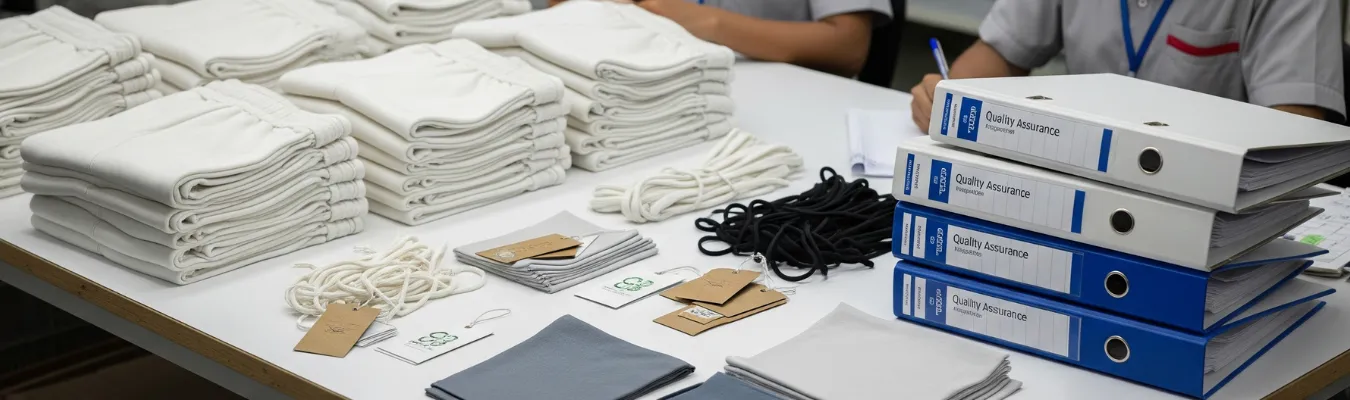 Stacks of white sweatpants, labels, and quality assurance binders on a table representing RYZEAL SOURCING’s focus on compliance and ethical production in women’s wholesale sweatpants.