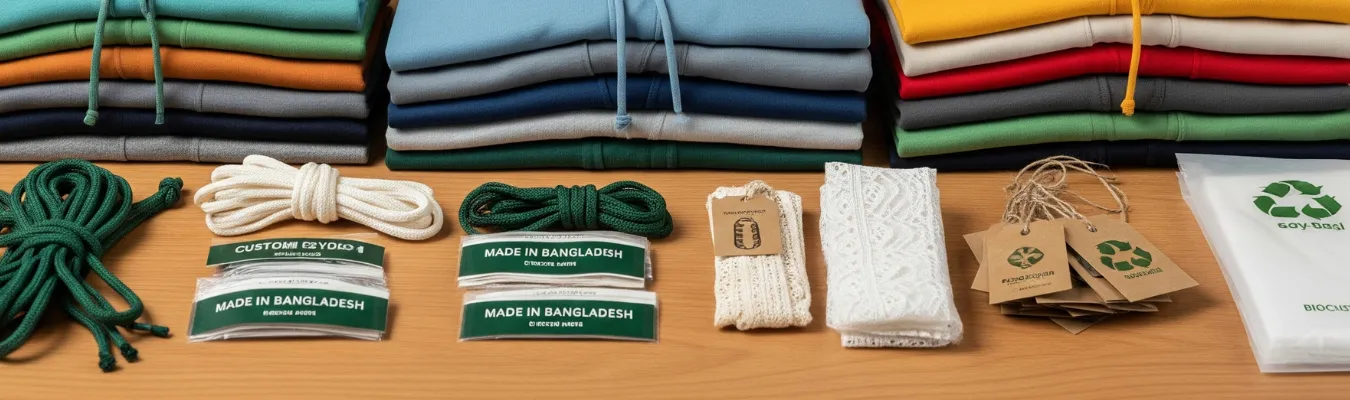 Stacked women’s sweatshirts with eco-friendly labels, hangtags, and accessories, representing RYZEAL SOURCING’s ethical and compliant apparel production.