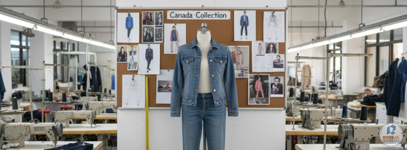 Mannequin en veste et jean en denim devant le tableau Canada Collection dans une salle de couture, représentant RYZEAL comme Fabricant de Vêtements au Bangladesh pour le Canada.
