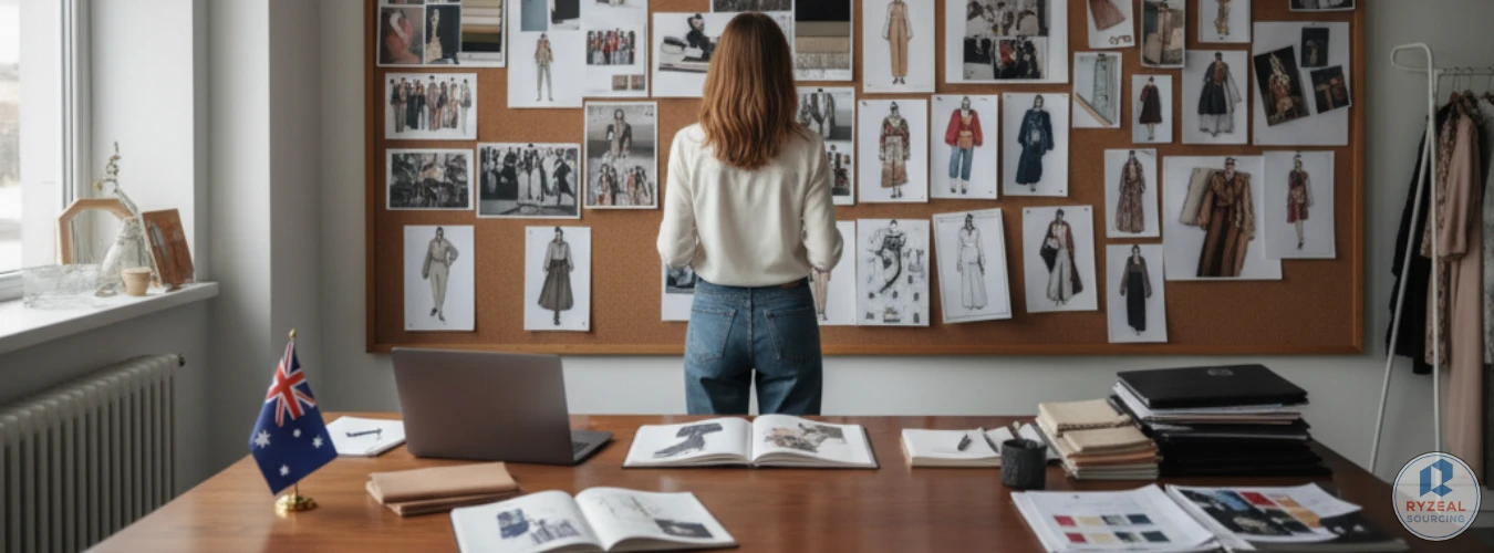 Fashion designer reviews mood board of apparel sketches with an Australian flag on the desk, highlighting RYZEAL as a clothing manufacturer in Bangladesh for Australia.