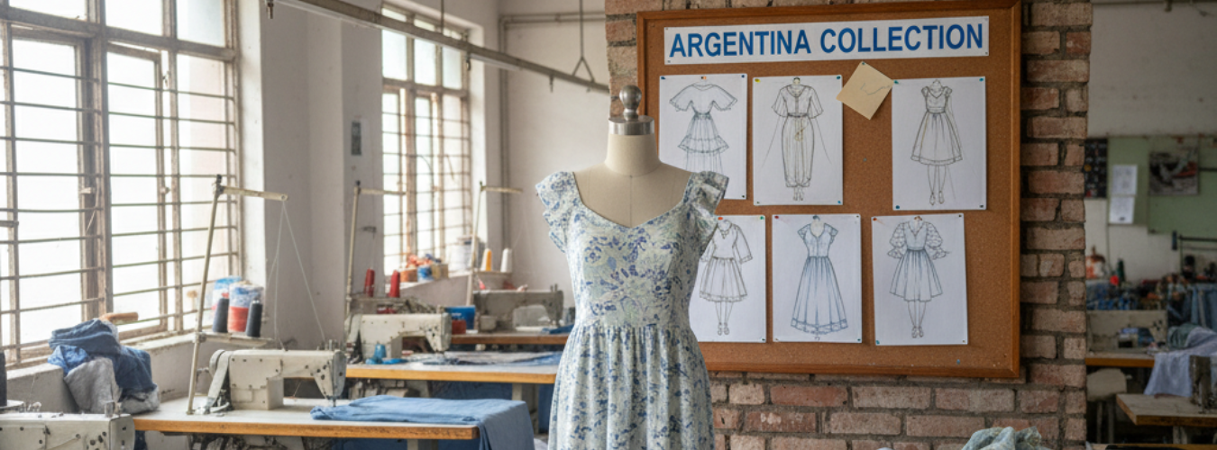 Maniquí con vestido floral en taller textil junto al tablero Argentina Collection, representando a RYZEAL como Fabricante de Ropa en Bangladesh para Argentina.