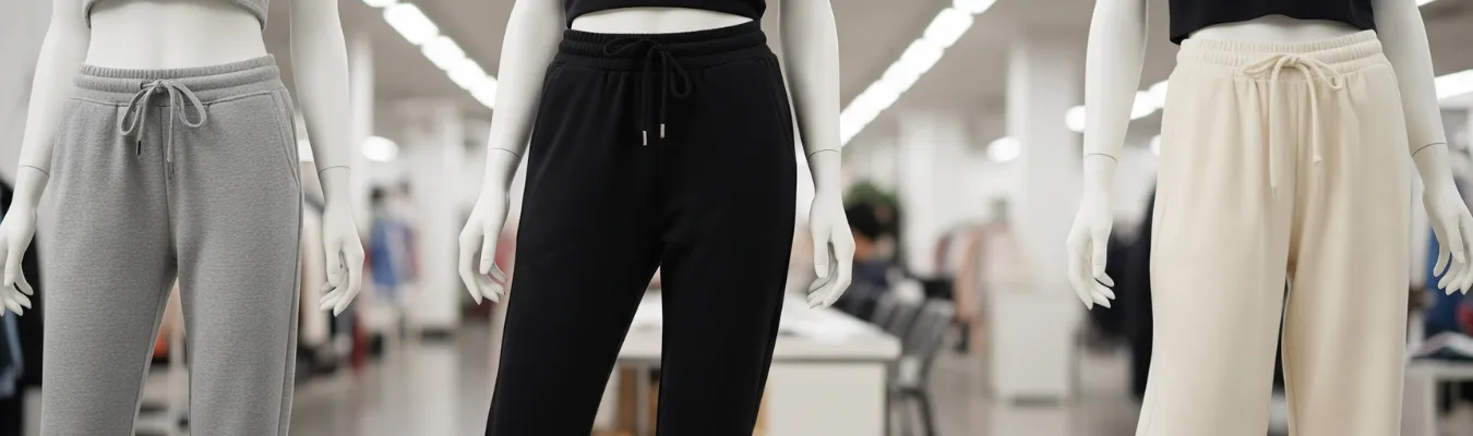 Mannequins in a showroom wearing grey, black, and cream jogger pants—showing how RYZEAL stays agile and future-ready as a women’s wholesale sweatpants supplier.
