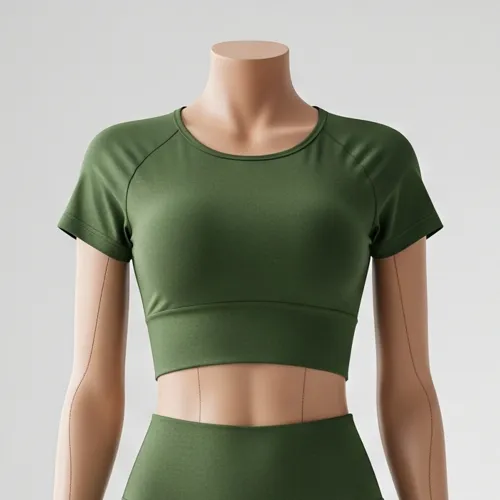 Woman wearing a printed yoga crop top with high-waisted shorts, manufactured by RYZEAL, an apparel sourcing and manufacturing company in Bangladesh