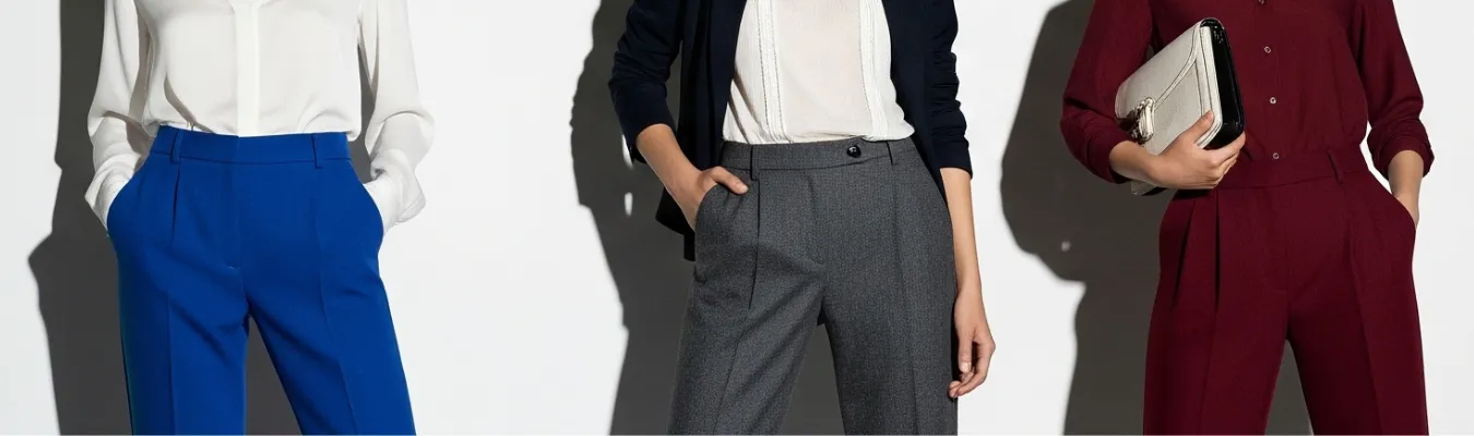Models showcasing blue, gray, and maroon women’s trousers, representing global demand and sourcing trends in the women’s trouser manufacturing industry.