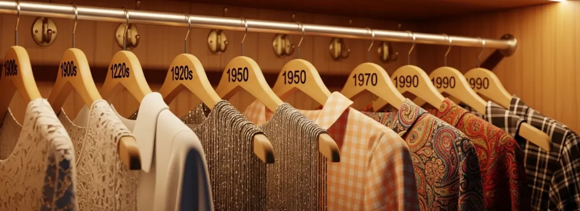 A wardrobe rail displaying clothing pieces from different decades, each on a hanger labeled with years from the 1900s to the 1990s, showing shifting fashion styles across eras.