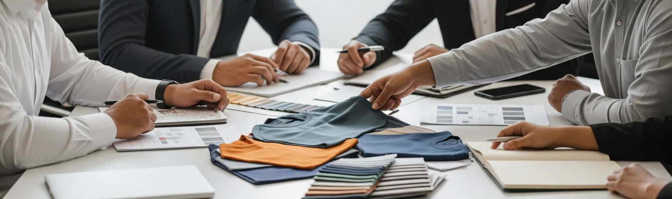 Business meeting with fabric swatches and color charts showing RYZEAL’s sourcing strategy as Men’s T-shirt Clothing Manufacturers in Bangladesh.