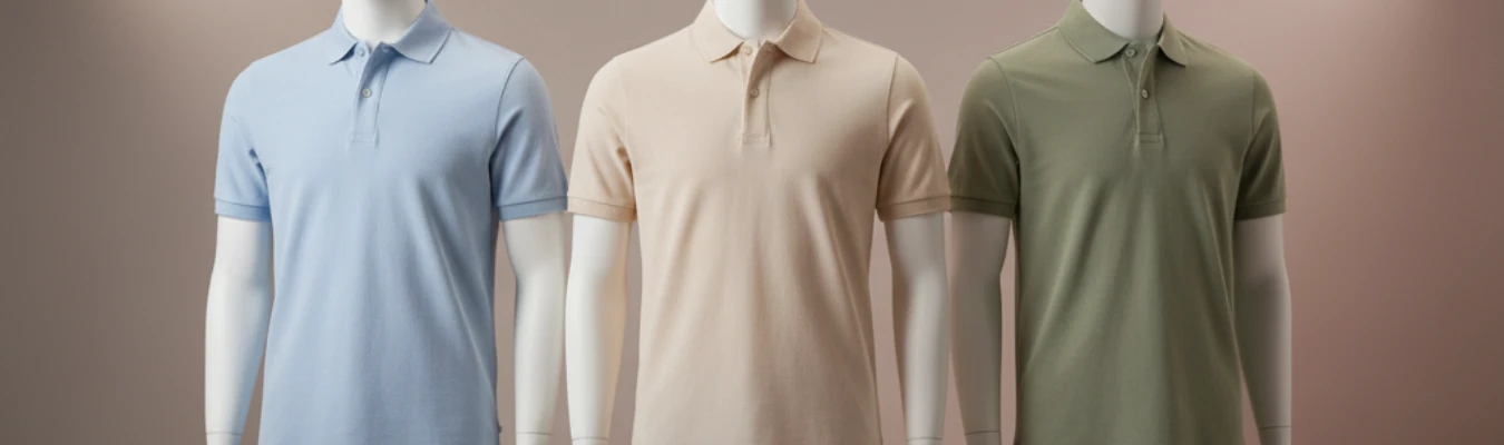 Display of pastel-colored polo shirts on mannequins showcasing RYZEAL’s role in meeting global sourcing trends as leading Men’s Polo Shirt Manufacturers.