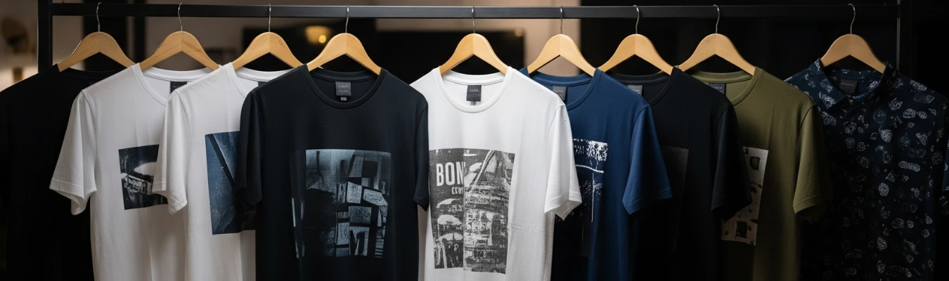 Row of assorted men’s t-shirts on wooden hangers representing Men’s T-shirt Clothing Manufacturers and sourcing trends by RYZEAL, an apparel manufacturing and sourcing company in Bangladesh.