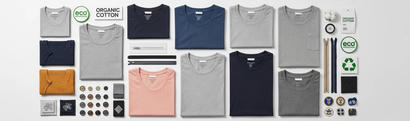 Flat lay of organic cotton men’s t-shirts, trims, and eco materials representing RYZEAL’s sustainable innovation as Men’s T-shirt Clothing Manufacturers in Bangladesh.