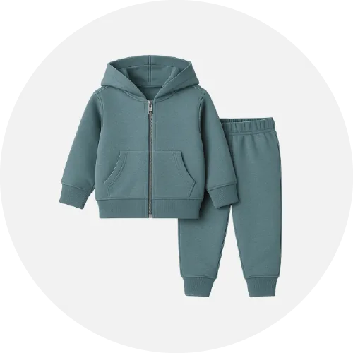 Kids’ tracksuit product icon showing coordinated hoodie and pants set manufactured by RYZEAL Sourcing.