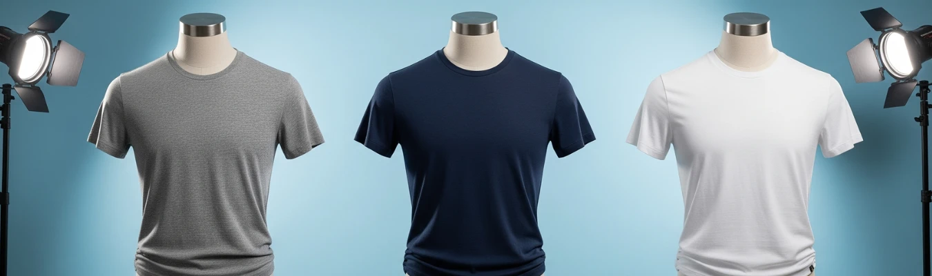 Three men’s t-shirts on mannequins under studio lights representing innovation and market trends among Men’s T-shirt Clothing Manufacturers led by RYZEAL in Bangladesh.