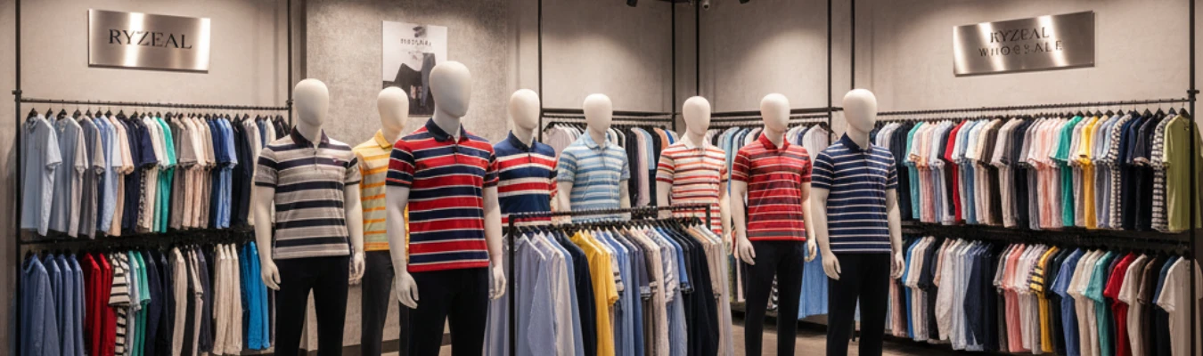 Showroom display of striped and solid polo shirts on mannequins, highlighting RYZEAL’s expertise as global Men’s Polo Shirt Manufacturers.