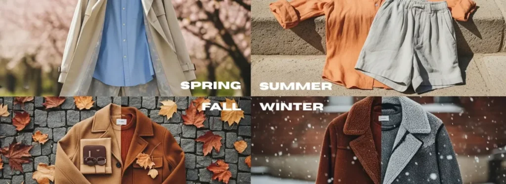 Men’s fashion trends 2025 by season showing spring outfits, summer shirts and shorts, fall coats, and winter outerwear