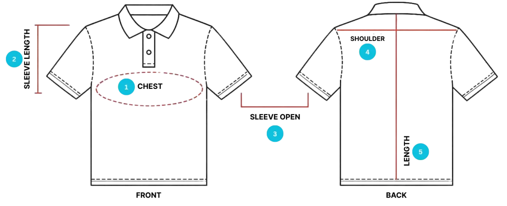 Technical measurement guide of a polo shirt showing chest, sleeve, and body dimensions by RYZEAL Sourcing – Men’s Polo Shirt Manufacturers.