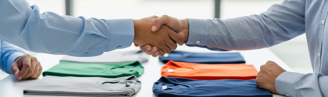 Handshake over colorful folded t-shirts symbolizing partnership and trust with RYZEAL, ethical Men’s T-shirt Clothing Manufacturers in Bangladesh.