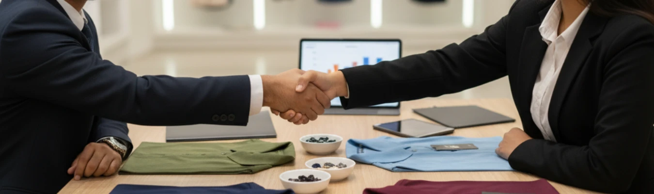 Business handshake over men’s polo shirt samples and fabric swatches, representing partnership with RYZEAL, a certified Men’s Polo Shirt Manufacturers in Bangladesh.