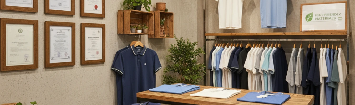 Showroom featuring men's polo shirts with eco-friendly materials and compliance certificates displayed, produced by RYZEAL, a Men’s Polo Shirt Manufacturers in Bangladesh.