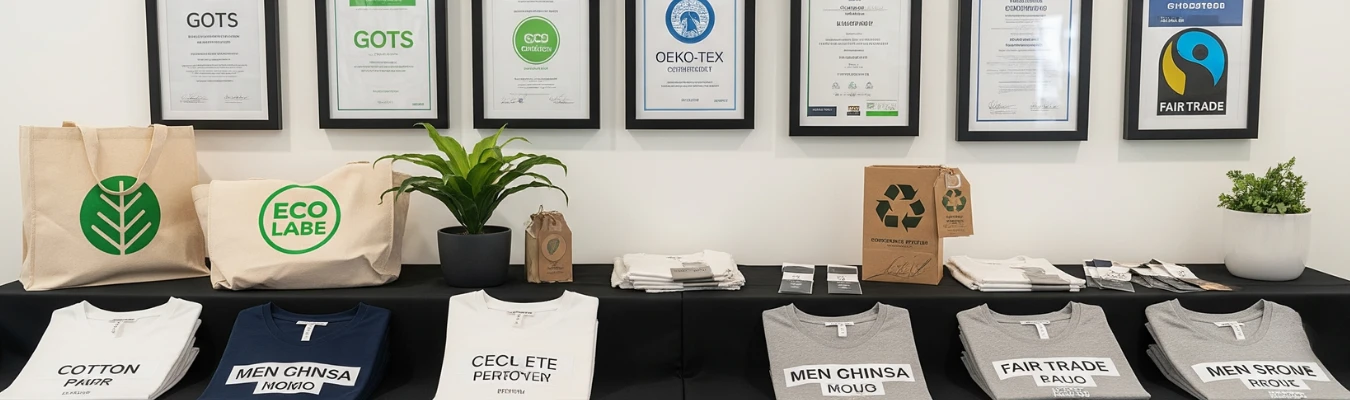 Display of eco-certified cotton t-shirts, eco-label bags, and compliance certificates highlighting RYZEAL’s role as ethical Men’s T-shirt Clothing Manufacturers in Bangladesh.