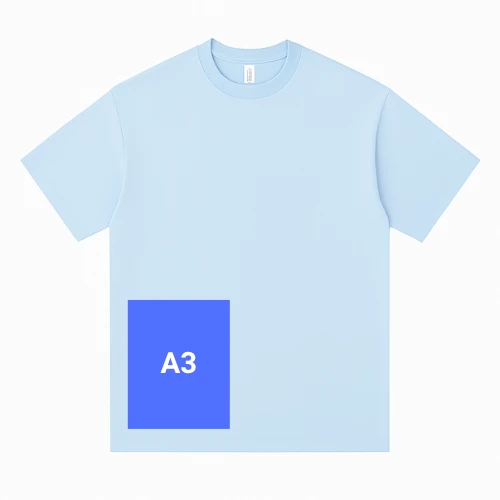 Front-oriented large print and embroidery area template on men’s t-shirt by RYZEAL Sourcing.