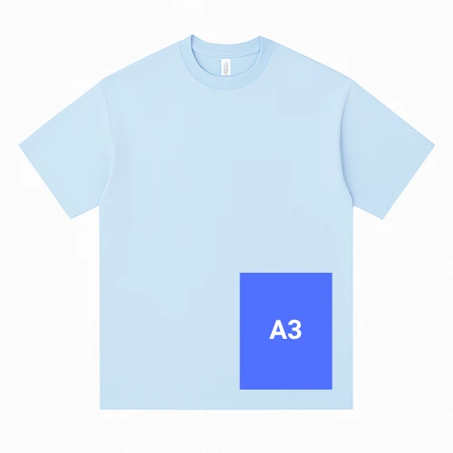 Lower front section of men’s t-shirt showing alternative print and embroidery placement template by RYZEAL Sourcing.