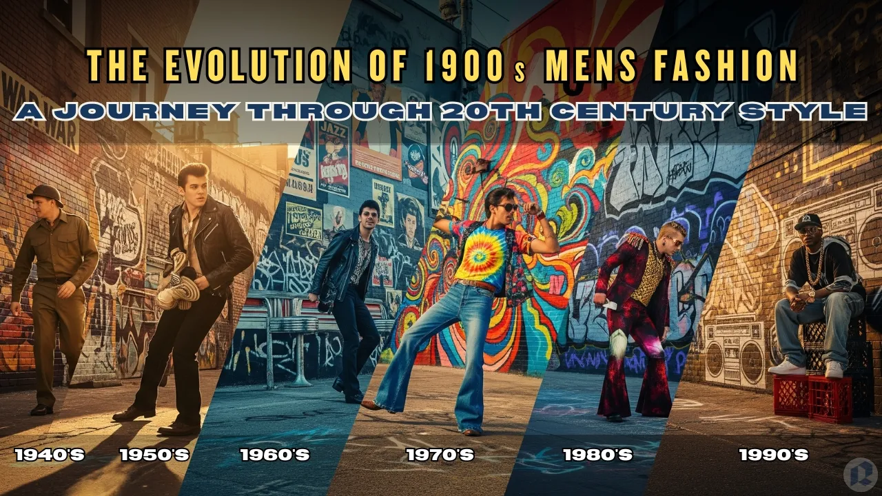 Blog cover showing men dressed in iconic fashion styles of the 1940s, 1950s, 1960s, 1970s, 1980s, and 1990s, illustrating the evolution of 20th-century menswear featuring 1900s mens fashion.
