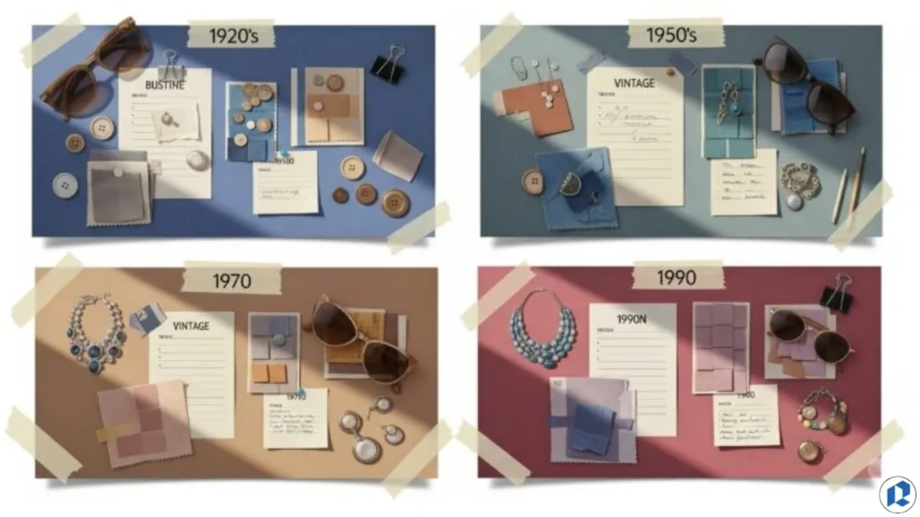 Vintage-inspired moodboard collage featuring 1920s, 1950s, 1970s, and 1990s accessories, fabric swatches, sunglasses, buttons, and jewelry arranged on four taped boards featuring 1900s Womens Fashion.