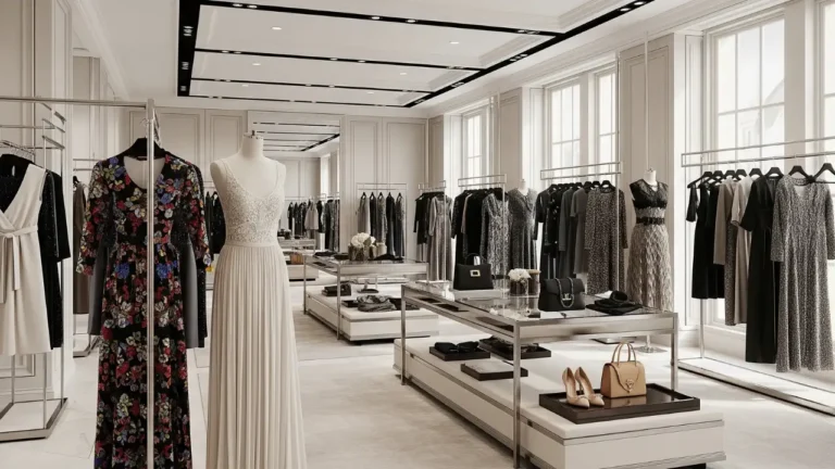 Elegant apparel showroom with dresses, racks of clothing, and luxury fashion accessories displayed neatly