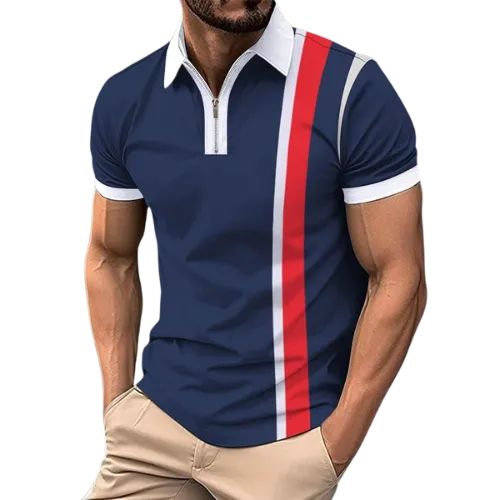 Zip-up polo shirt design showcasing sporty appeal crafted by RYZEAL Sourcing, expert Men’s Polo Shirt Manufacturers.