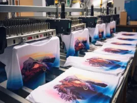 Sublimation printing used for all-over, full-color garment designs.