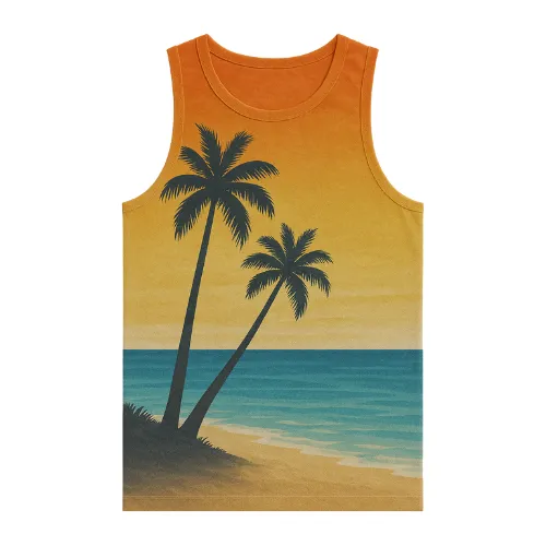 Beach-themed tank top by RYZEAL Sourcing featuring tropical print under Men’s Tank Tops Wholesale.