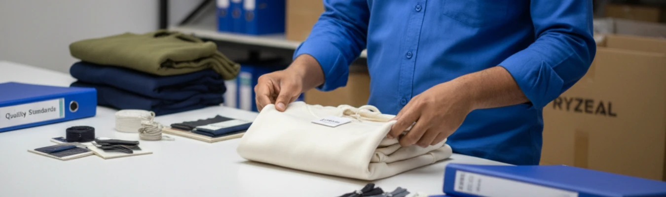 Person inspecting and folding hoodies on a quality control table with fabric swatches and accessories, showing RYZEAL’s sourcing and inspection process as a Men’s Hoodie Manufacturer in Bangladesh.