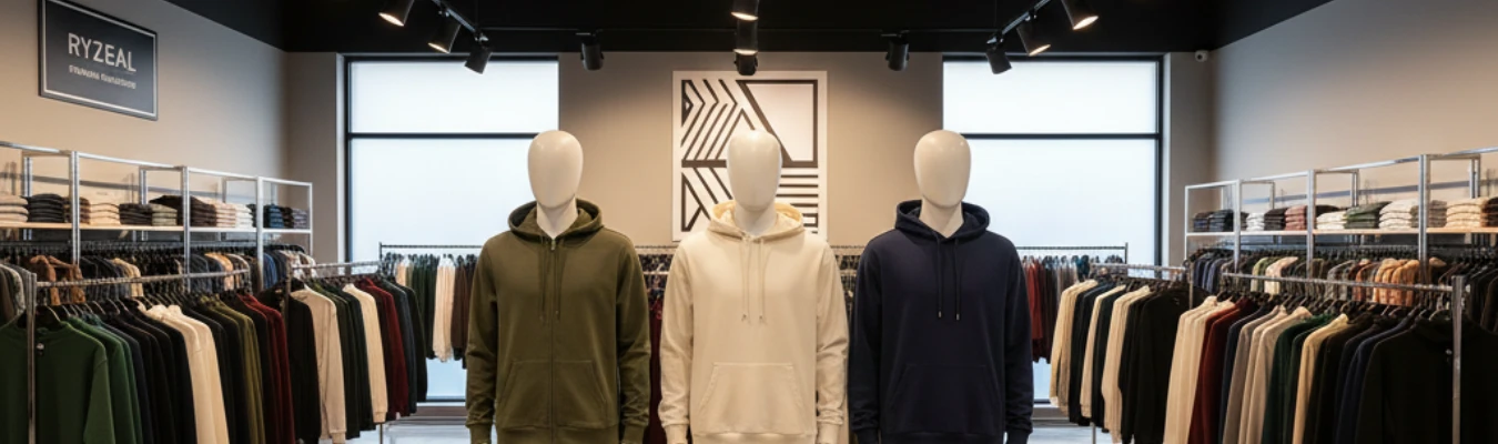Three mannequins wearing men’s hoodies in olive, cream, and navy colors displayed in a retail-style showroom, representing global sourcing trends by RYZEAL as a Men’s Hoodie Manufacturer in Bangladesh.