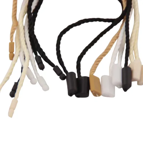 Hang tag string options for attaching branded garment tags.