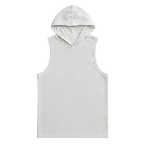 Hooded tank top designed by RYZEAL Sourcing for sports and streetwear lines under Men’s Tank Tops Wholesale.