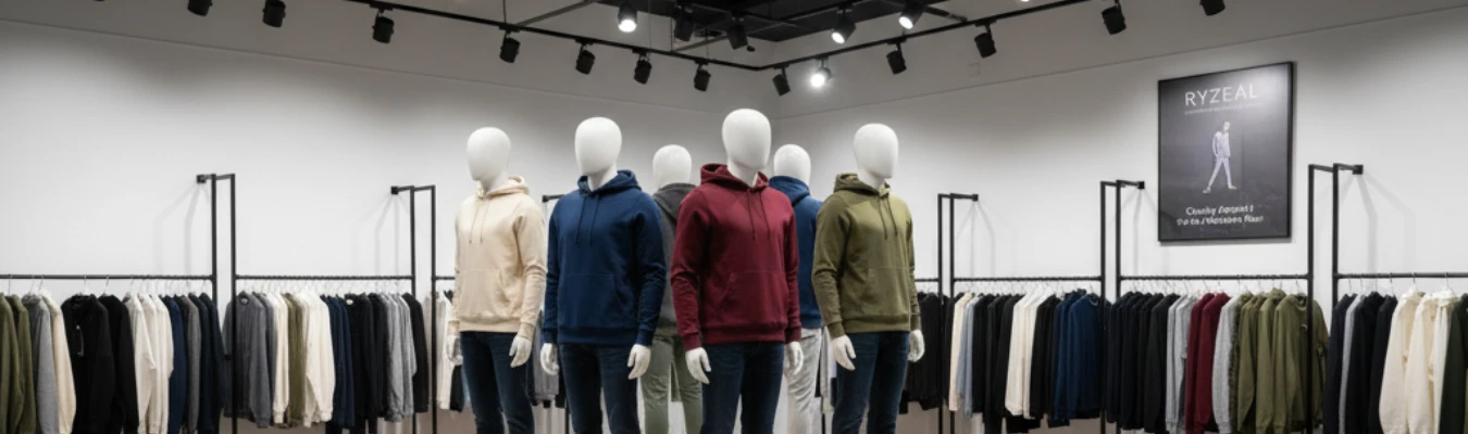 Showroom display featuring mannequins wearing men’s hoodies in multiple colors surrounded by apparel racks, representing RYZEAL’s expertise as a Men’s Hoodie Manufacturer in Bangladesh.