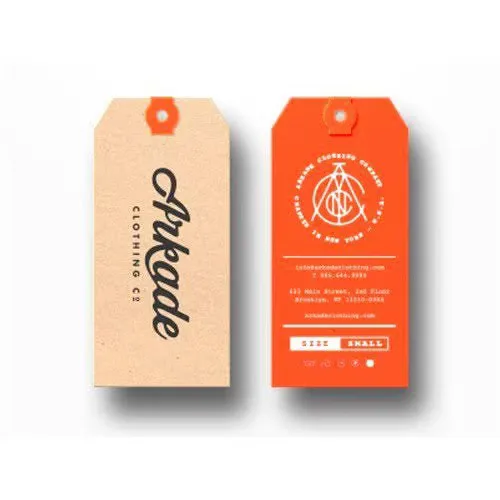 Paper hang tags for branded clothing packaging, available from RYZEAL.