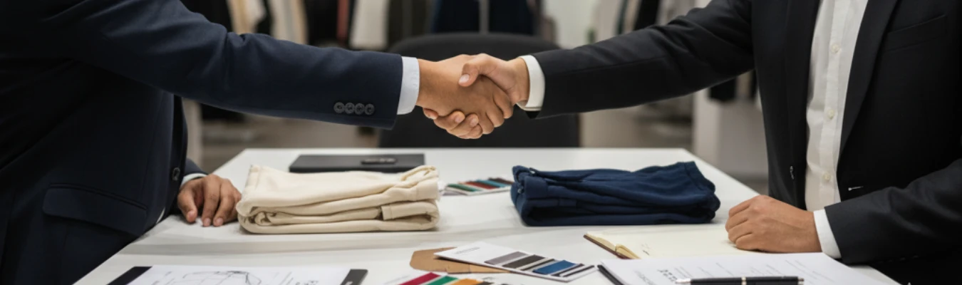 Two professionals shaking hands over folded hoodies and fabric swatches, representing partnership and trust with RYZEAL as a certified Men’s Hoodie Manufacturer in Bangladesh.