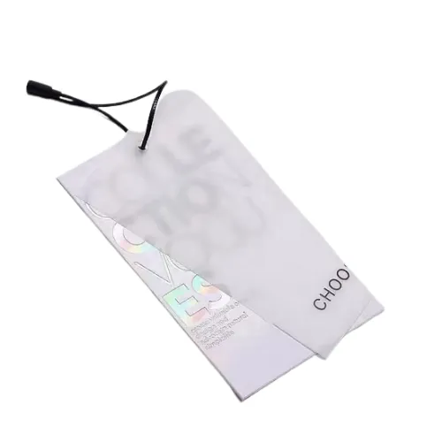 Plastic hang tags used for durable, modern apparel branding.