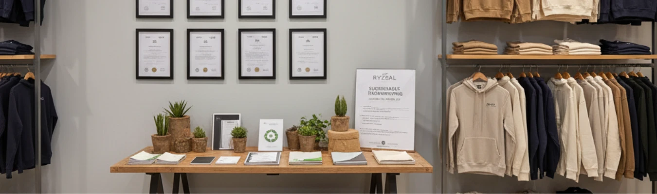 Display of men’s hoodies beside framed certifications and sustainability documents, highlighting RYZEAL’s ethical production standards as a Men’s Hoodie Manufacturer in Bangladesh.