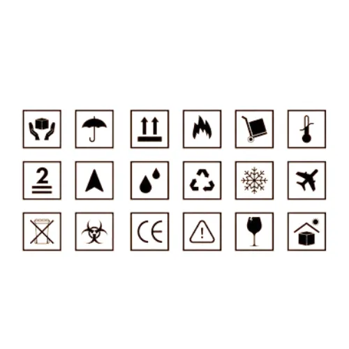 Safety sticker sheet displaying international handling and compliance symbols used for garment packaging by RYZEAL.
