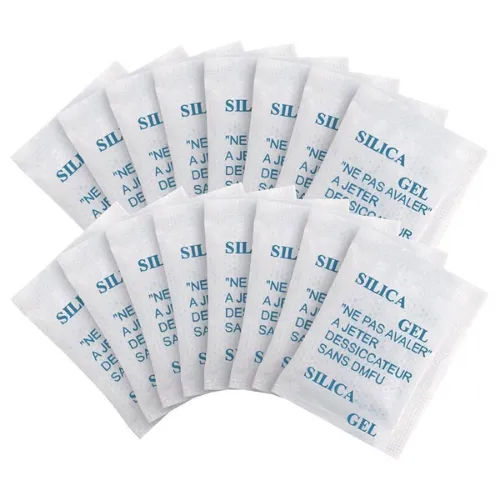 Silica gel packets used to control moisture in packaged garments.